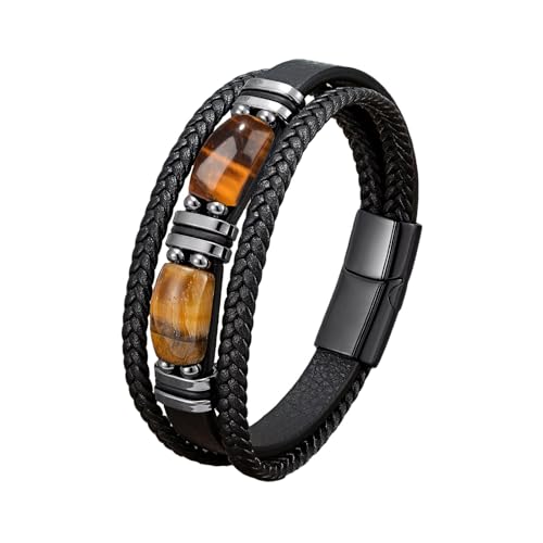 JENCVNL Herren Lederarmband, Tigerauge Lederarmband Herren Tigerauge Mehrlagiges Geflochtenes Leder Armband mit Magnetverschluss für Männer Jungen (Schwarz, 19)