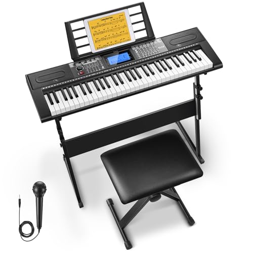 Donner Keyboard Piano 61 Tasten, Elektrisches Keyboard Kit mit 249 Stimmen, 249 Rhythmen - Inklusive Klavierständer, Hocker, Mikrofon, Geschenk für Anfänger, Schwarz (DEK-610S)