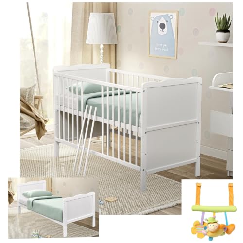 Baby Delux Babybett 70x140 cm weiß Kinderbett umbaubar zum Juniorbett mit Beißschienen Jack Kiefer Massivholz inkl. Activity Trapez Marienkäfer