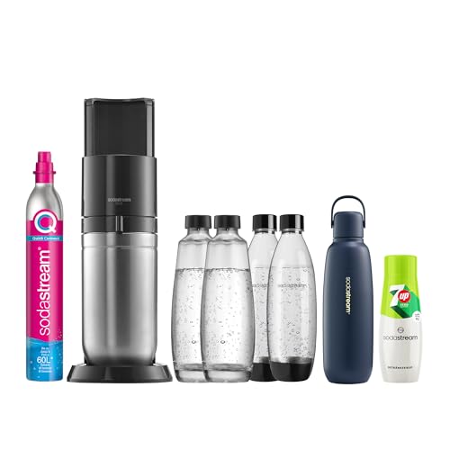 SodaStream Wassersprudler DUO mit Quick-Connect CO2-Zylinder | inkl. 2x 1L Glasflasche + 2x 1L FUSE Kunststoffflasche + 0,9L Fizz&go COOL Metallflasche in Storm + Sirup 7UP Zero Zucker (440ml)