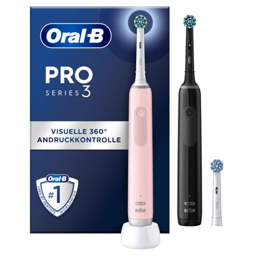 Oral-B Pro 3 Elektrische Zahnbürste Doppelpack — Electric Toothbrush Inkl. 3 Aufsteckbürsten, 3 Putzmodi, 360° Andruckkontrolle für Zahnpflege — Zahnbürste Elektrisch, Designed by Braun — Schwarz/Rosa