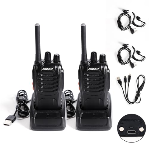 JUMJIAT Walkie Talkie, 16 Kanäle, hohe Reichweite, integrierte LED-Taschenlampe, USB-Ladestation mit Typ-C-Kabel und Kopfhörer (2 Stück)
