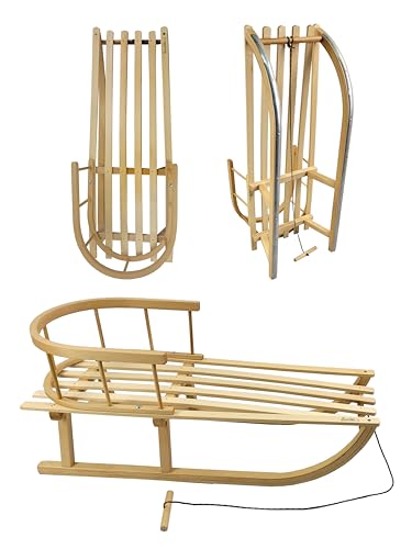 Kinderschlitten 90 cm mit Rückenlehne - Holzschlitten aus massivem Buchenholz - Rodelschlitten Schneeschlitten Davoser mit Leine & Griff - robuste Kufen mit Leichtlauf-Stahlkufenbeschlägen