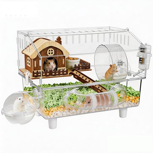 Hamsterkäfig, Transparent, Zweistöckig, mit Laufrad, Tunnel, Holzhaus, Wasserflasche und Zubehör