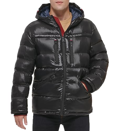 Tommy Hilfiger Herren Shiny Midweight Logo Puffer Jacke, Schwarz, M