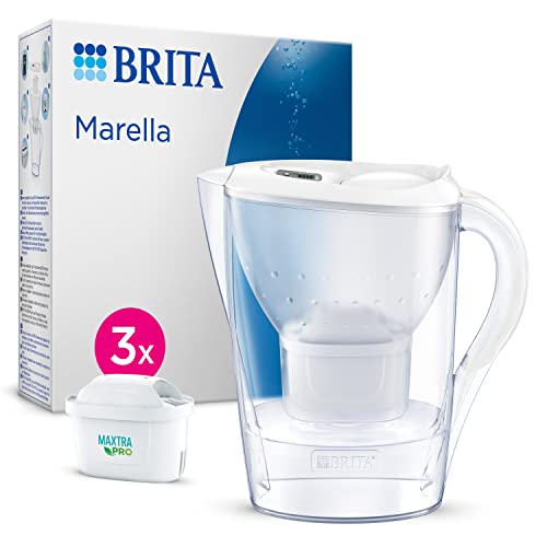 BRITA Wasserfilter-Kanne Marella weiß (2,4l) inkl. 3x MAXTRA PRO All-in-1 Kartuschen – Kanne mit Wasserfilter reduziert Kalk, Chlor, Blei, Kupfer & geschmacksstörende Stoffe im Leitungswasser