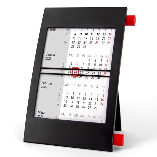 3-Monatskalender Tisch 2026 2027 - Büro & Homeoffice Tischkalender mit Drehmechanik - 2-Jahres-Kalender - schwarz/rot - Truento