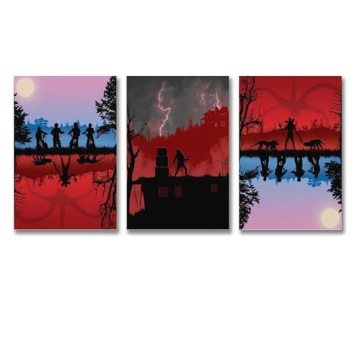 QPKNZNBAR A Set Of 3 Stranger Poster Things Horror Tv Series Vintage Posters Für Zimmer, Ästhetische Leinwand-Wandkunst, Schlafzimmer-Dekor 08x12inch(20x30cm)-3pcs