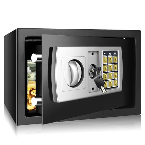 Tresor feuerfest wasserdicht，Feuerfester & Wasserdichter Tresor – Einbruchsicher, Kompakt, Passwort & Schlüssel für Bargeld Medikamente Schmuck, 31 B x 20 T x 20 H cm, Schwarz