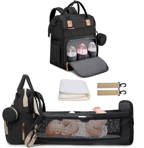 Fexkean Wickeltasche Rucksack Baby Wickelrucksäcke Reisewindeltasche mit faltbarem Kinderbett mit Multifunktions Babytaschen Wickelauflage Babybettrucksack（All Black）