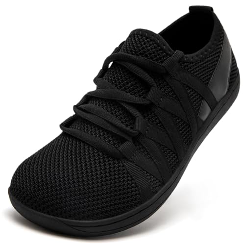 VLHGCG Barfuss Schuhe Damen Barfußschuhe Sneaker mit Breiter Zehenbox Slip On Sportschuhe Bequeme Leichte Turnschuhe Atmungsaktiv Minimalistische Hallenschuhe,Schwarz,EU39