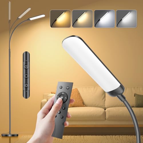 YICAIZI Stehlampe Wohnzimmer - 18W LED Dimmbar Stehende Lampe mit Fernbedienung, 1200Lumen Stehend Leselampe mit 4 Farbtemperaturen & 4 Helligkeiten für Schlafzimmer, Büro, Schwarz
