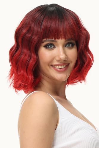 Luxiremi Perücken Rot Schwarz bis Rot Kurze Schulter Länge Lockig Gewellt Perücke Bob mit Pony Synthetische Cosplay Perücke für Damen