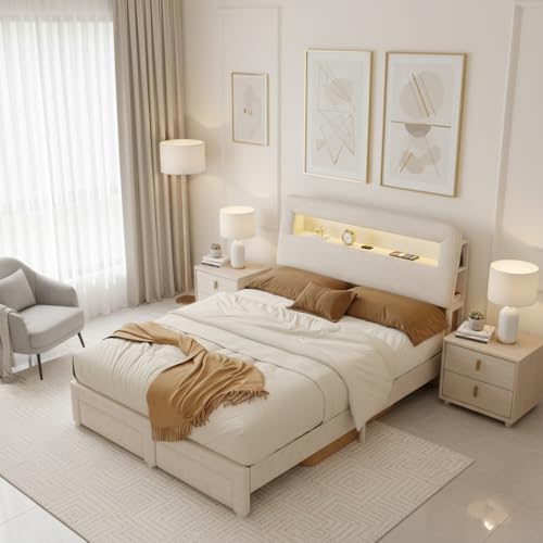 RXMORI Polsterbett Doppelbett 160x200 mit LED, Stauraumbett Bett mit 2 Schubladen und Stauraum Kopfteil, Jugendbett Gästebett Bettgestell mit Lattenrost, ohne Matratze, Samt(Beige C, 160 x 200 cm)