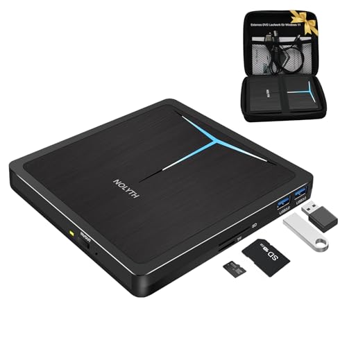 NOLYTH Externes DVD Laufwerk für Laptop: CD Laufwerk Extern USB 3.0 DVD Brenner Extern USB-C für Windows 11 PC Mac MacBook mit USB Ports SD TF Slot & Tasche Tragbar Externe Optische Laufwerke