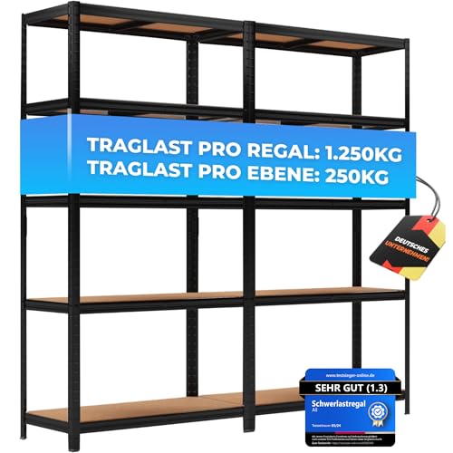 ALL Premium Schwerlastregal 180x90x40cm - 2er Set Schwarz 1250kg Traglast stabiles Kellerregal Metall, Lagerregal & Vorratsregal ideale Regale für kellerraum, Regal Keller & abstellraum Regal