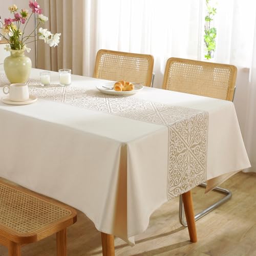 FeinKulturia Tischdecke Abwaschbar Verdickte Design Khaki Tischdecken 140x200cm Luxuriös Optik Tischläufer aus Baumwoll Leinen Material Wasserabweisend, Tischtuch Dauerhaft Kratzfest für Esstisch
