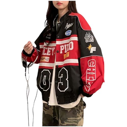 Varsity Jacke für Damen, Patchwork, langärmelig, Racing, Bomberjacke, Letterman, Jacke, Farbblock, Y2K, Vintage, Streetwear, Rot/Ausflug, einfarbig (Getaway Solids), S