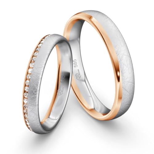 JC Trauringe Gold 333 Paarpreis Poliert I Traumhafte Eheringe I Einzigartige Partnerringe Rotgold Weißgold mit Gravur in edler Schatulle I 2 Hochzeitsringe Herrenring & Damenring mit Steinen I LC354