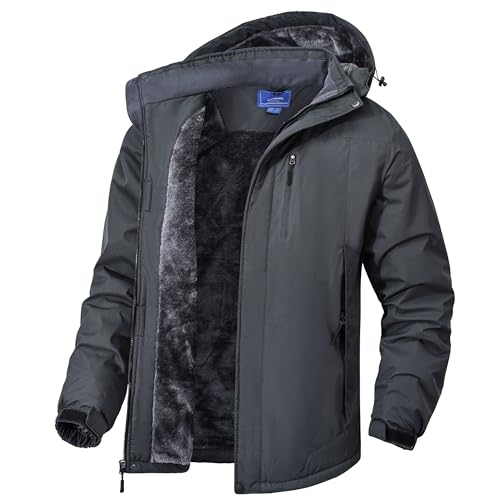 Rapoo Winterjacke Herren Skijacke mit Kapuze Warme Fleecejacke Jacke Arbeitsjacke mit Multi Taschen Dicke Hardshelljacke Männer Kurz Parka Dunkelgrau XL