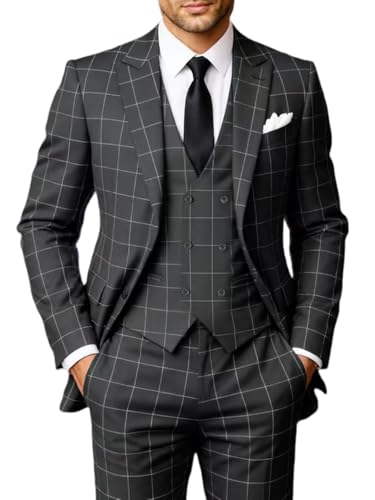 Solovedress Anzüge für Herren 3 Teilig Klassischer Karierter Herrenanzug Sakko Hose Weste für Hochzeiten und Geschäft (Grau,L)