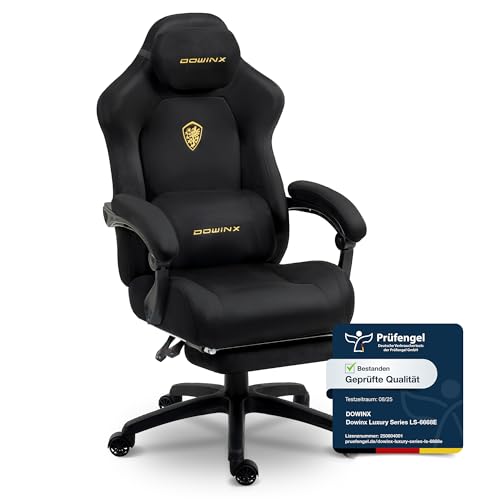 Dowinx Gaming Stuhl Ergonomisch mit Lendenkissen, Höhenverstellbare Kopfstütze, Verdicktes Sitzpolster, Ausziehbare Fußstütze, Verstellbare Armlehnen, Mikrofaser-Velours, 160° Neigbar, Schwarz