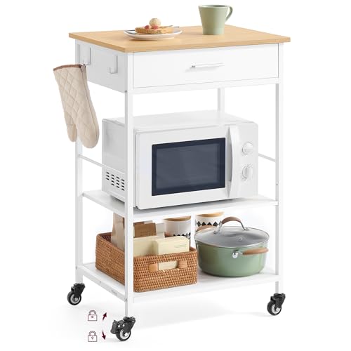 VASAGLE Küchewagen mit Rollen, mobiler Servierwagen mit Stauraum, Kücheninsel, 47 x 60 x 90 cm, Schublade, 2 Haken, für Esszimmer, eichenbeige-mattweiß KKI007Y01