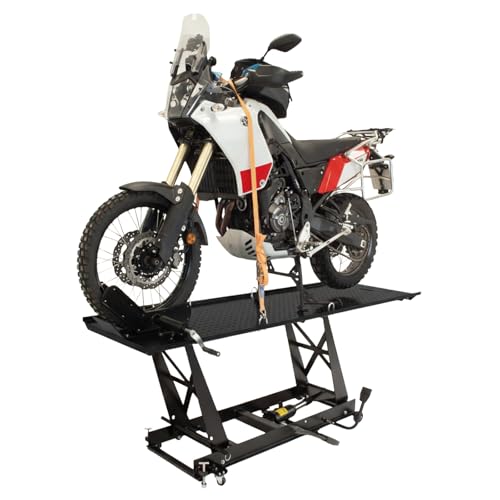 TRUTZHOLM Motorradhebebühne hydraulisch Tragkraft 450 kg Motorradheber Extra-Breit 68 cm Hubbereich 20-84 cm abnehmbare Auffahrrampe 4 Halteösen 45° Vorderradklemmung Parallelheber Hebebühne (Schwarz)