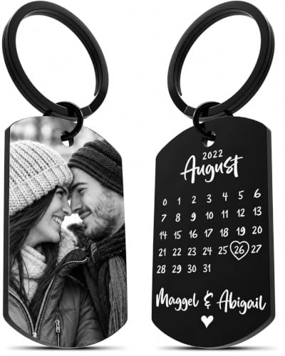 Meinearmbänder Schlüsselanhänger personalisiert aus Edelstahl mit Schwarz/Weiß Bild und Datum – Valentinstag & Jahrestag Geschenk für ihn & sie – Partner Geschenke – Personalisierte Geschenke
