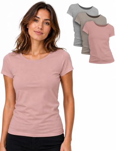 Basic Treasure 3er Pack T Shirt Damen, Kurzarm, Rosa/Beige/Grau meliert, L
