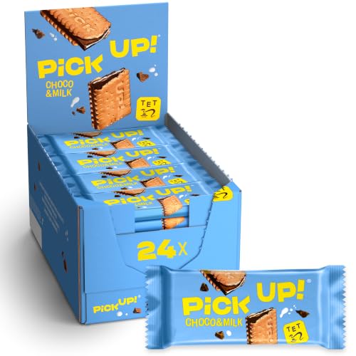 PiCK UP! Choco&Milk (24 x 28 g), Keksriegel mit knackiger Milchschokolade und Milchcreme zwischen zwei Keksen, der Snack für unterwegs, Thekenaufsteller mit 24 Stück