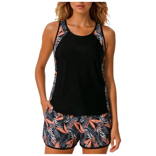 Figdews Push up Badeanzug Damen,Damen Sportlich Tankini Set, Freizeit Zweiteiliger Badeanzug, Sommer Blumenmuster Bademode, Texturen Gepolsterter Oberteil mit Shorts