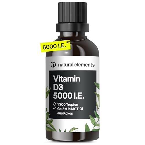 natural elements Vitamin D3 - Laborgeprüfte 5000 I.E. pro Tropfen - 50ml (1700 Tropfen) - In MCT-Öl aus Kokos - Hochdosiert, flüssig