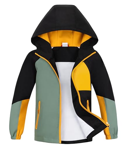 ALXHUTE Regenjacke Jungen Übergangsjacke Wasserdicht Kinder Softshelljacke Farbkontrast Jacke Mit Kapuze Gelb DE: 134-140 (Herstellergröße 140)