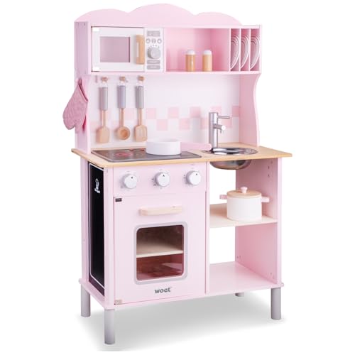 Woet® Rosa Spielküche aus Holz mit Licht und Sound, 12 Zubehörteilen