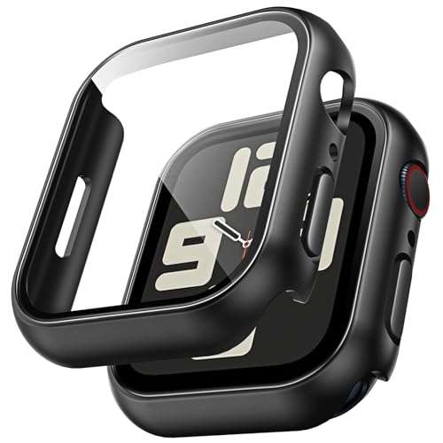 TAURI 2 Stück Schutzhülle Designed für Apple Watch 9/7/8 41mm Hülle mit Tempered Glass Displayschutz, 360° Rundum Ultradünne PC Hard Hülle, Kratzfest Hardcase für iWatch 41mm Series 9/8/7 - Schwarz