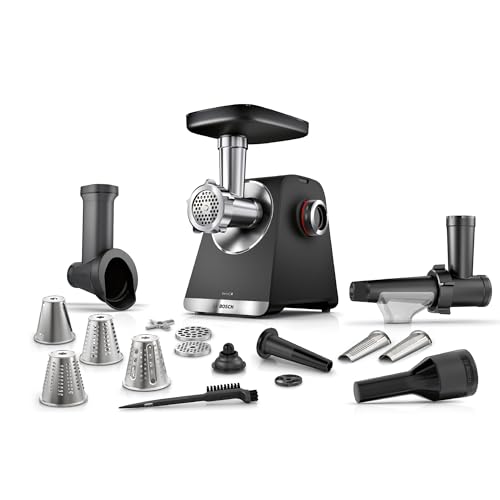 Bosch Fleischwolf Serie 6, 3 Lochscheiben (3, 4,5 / 8 mm) Edelstahl, spülmaschinenfest, Reibe-, Wurst-/ Kebbe-Aufsatz, Entsafter, elektrisch, stark, kompakt, 2.100 W, schwarz, MultiPower MFWS660B