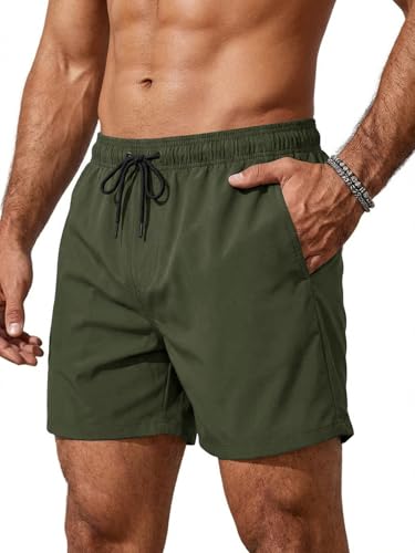 Runcati Badehose Herren Schnelltrocknend Badeshorts Männer Einfarbig Strand Schwimmhose Elastische Taille Sport Trainingsshorts mit Mesh-Futter und Reißverschlusstasche Armeegrün L
