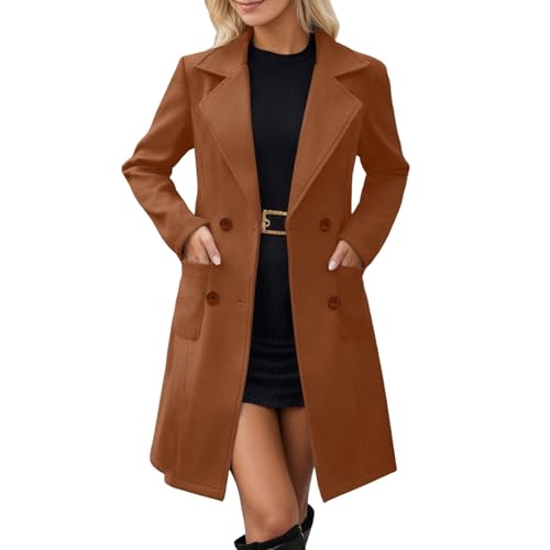 Wollmantel Damen Lang Mantel Elegant mit Reverskragen Zweireihig Vorne Offen Trenchcoat, Warm Wolle Übergangsmantel Herbst Wintermantel Dick Gefüttert Klassischem Outwear Langarm Wollmäntel, Gold
