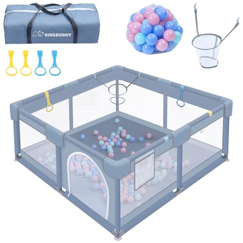 WoRaum Laufstall Baby 130 x 130 x 66 cm, Laufgitter Baby, Laufstall mit Zugringen, Bällen, Atmungsaktivem Netz, Rutschfestem Boden, Sicherheitsspielplatz Schutzgitter für Kinder (Grau,130CM)