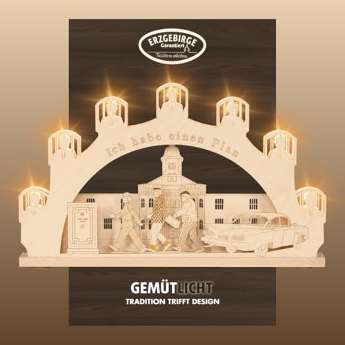 weigla - Schwibbogen original Erzgebirge I Lichterbogen Weihnachten I Motiv Olsenbande I 7 Lampenkerzen + 1 Ersatzlampe I 7 x 34 V, 3 W, E10 I beleuchtete Weihnachtsdeko innen I Ganzjahresdeko