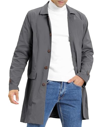 Feziakuk Herren Trenchcoat Einreihig Lang Mantel Leichter Revers Herbst Winter Jacke Übergangsjacke, Dunkelgrau XL