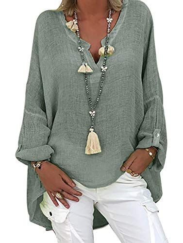 Tincini Leinenbluse Damen Bluse Sommer Tunika V-Ausschnitt Longbluse Große Größen Leinenhemd Blusenshirt Langarmshirt Leinen Baumwolle Hemd Oberteile Shirt (A Grün1, L)