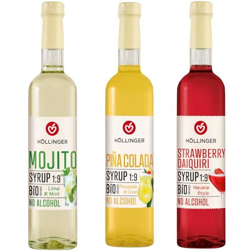 HÖLLINGER Bio Cocktail Sirup Set, Alkoholfrei, Mojito Lime & Mint, Piña Colada, Strawberry Daiquiri, 3x500ml, Vegan, 1:9 Konzentrat