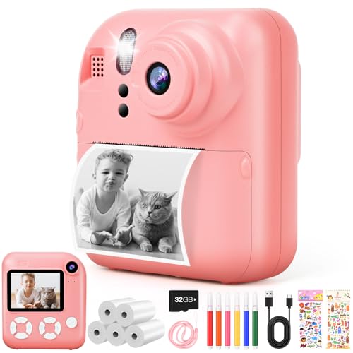 Yabtf Sofortbildkamera für Kinder mit Drucker | 2,4 Zoll (6 cm) Display | 48MP Fotos & 1080P Video | Inkl. 32GB Karte, 5X Druckpapier, 6 Stifte, Sticker | Geschenk für Kinder 3-12 Jahre