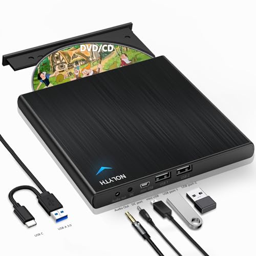 NOLYTH Externes CD Laufwerk für Laptop: USB C DVD Laufwerk Extern für Mac MacBook Windows mit Audio USB Ports Portable Externe CD/DVD Laufwerke Brenner Player