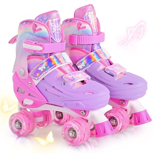 2PM SPORTS Mädchen-Rollschuhe für Kinder 3-12 Jahre, Outdoor & Indoor Rollschuhe für Anfänger Mädchen, Größe 10C-13C + 1-6, Rosa Schmetterling-Design