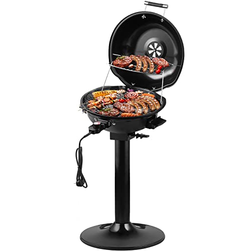 CUSIMAX Elektrogrill Standgrill mit Deckel und Standfuß, Regulierbare Temperatur und Fettauffangschale, 1600W Elektrischer Barbecue-Grill für Außennutzung, Balkon & Garten, Leichte Reinigung