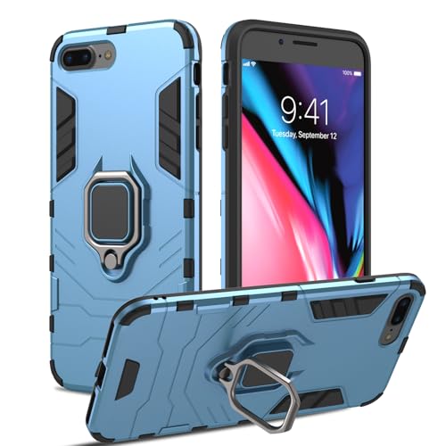 RIIMUHIR Hülle für iPhone 7Plus/8Plus, Panzerhülle mit 360° Metall Ring Ständer, Kratzfestes Stoßfest Hart Handyhülle, Armor Hülle mit Kameraschutz (Blau)