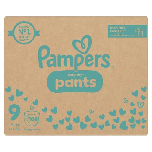 Pampers Baby-Dry Pants Größe 9, 108 Windeln, 19kg+, 360° Passform hilft, Auslaufen zu verhindern
